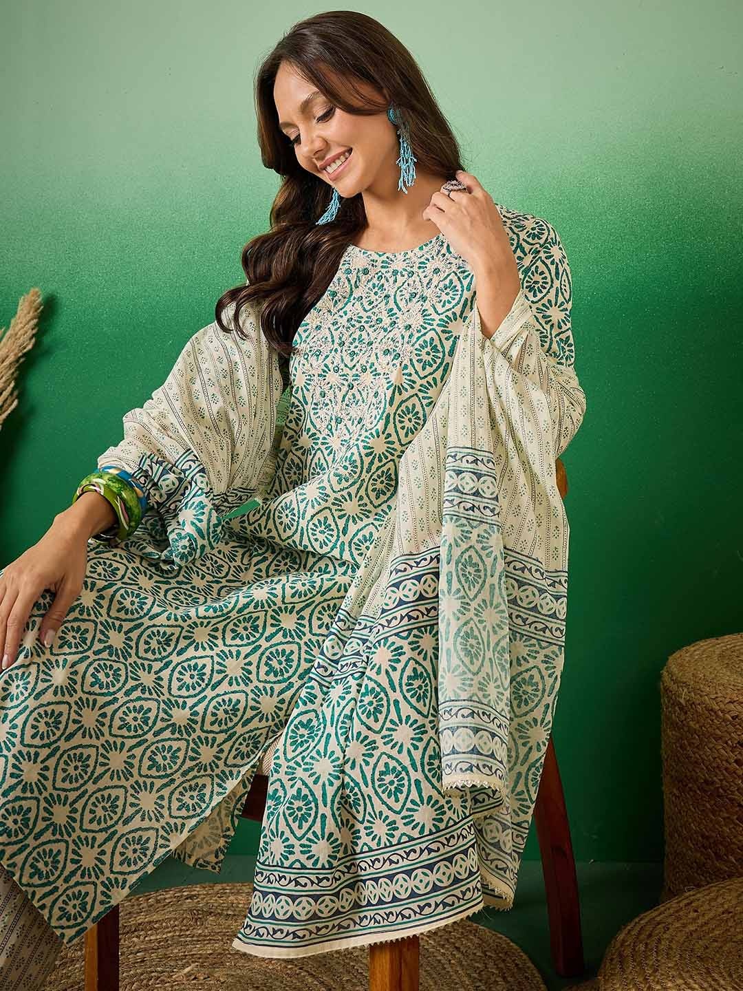 Sangria Ethnic Printed Mirror Work Pure Cotton Round Neck Kurta with Trouser & Dupatta, Green
Sangria Ethnic Printed Mirror Work Pure Cotton Round Neck Kurta with Trouser & Dupatta, Green