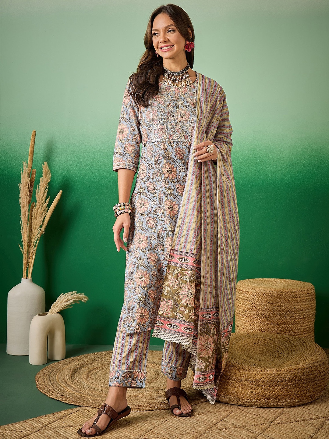 Sangria Floral Printed Sequined Pure Cotton Round Neck Kurta with Trouser & Dupatta, Blue
Sangria Floral Printed Sequined Pure Cotton Round Neck Kurta with Trouser & Dupatta, Blue