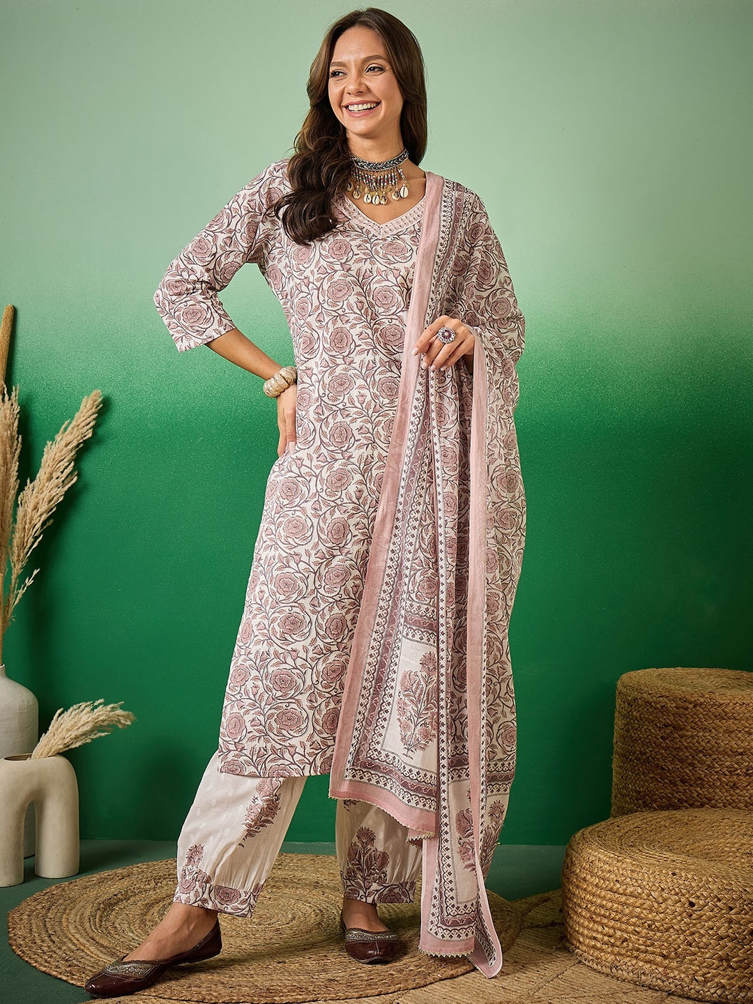 Sangria Floral Printed Mirror Work Pure Cotton Round Neck Kurta with Trouser & Dupatta, Mauve
Sangria Floral Printed Mirror Work Pure Cotton Round Neck Kurta with Trouser & Dupatta, Mauve