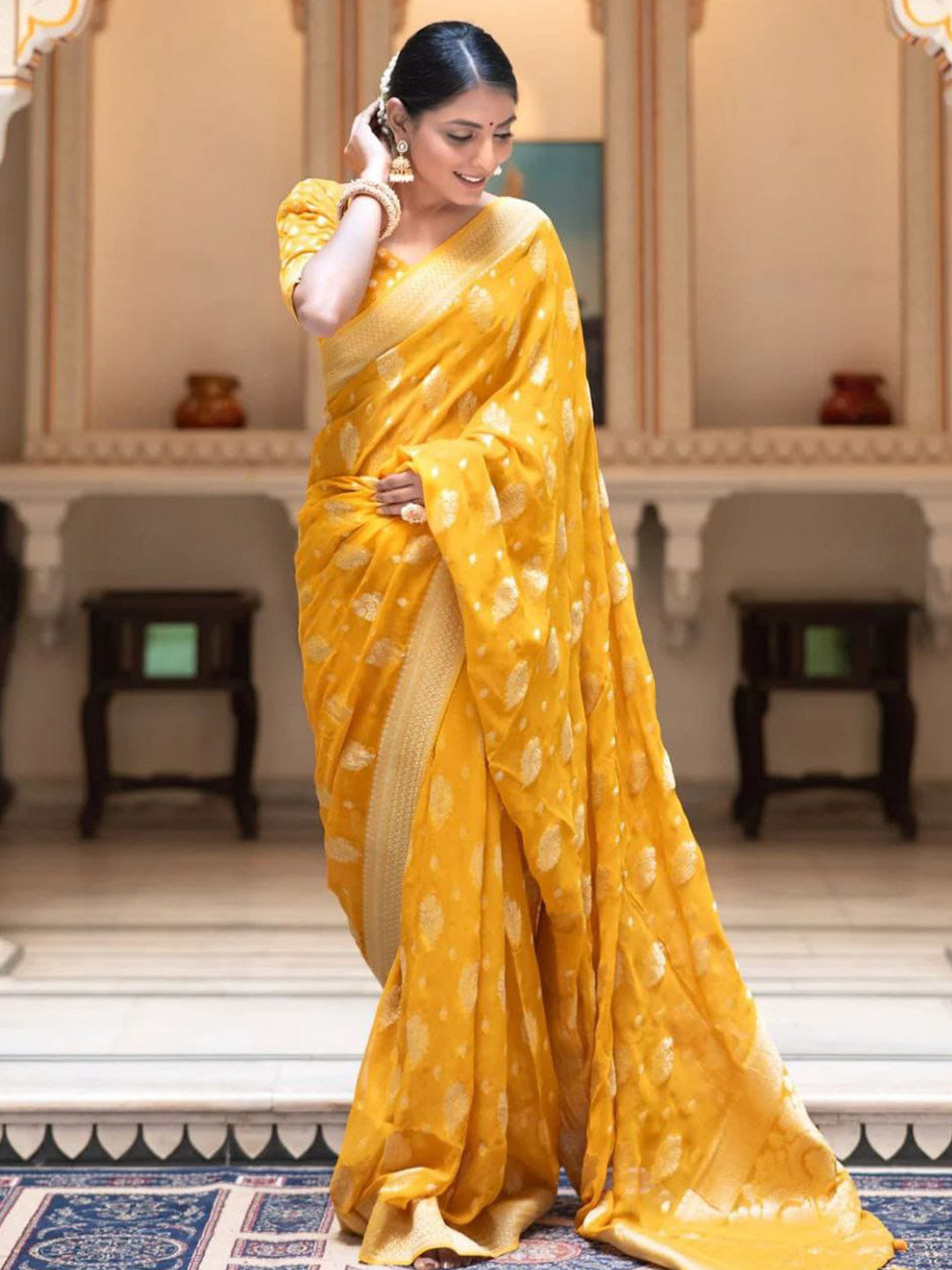 AVANSHEE Ethnic Motifs Woven Design Zari Jacquard Silk Cotton Banarasi Saree, Yellow
AVANSHEE Ethnic Motifs Woven Design Zari Jacquard Silk Cotton Banarasi Saree, Yellow