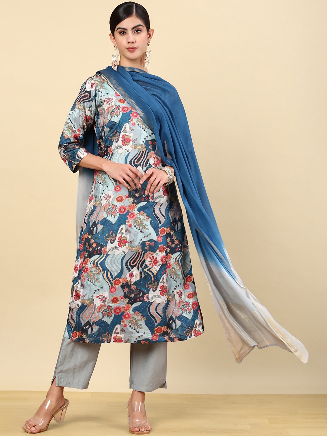 Soch Blue Ethnic Motifs Printed V-Neck Regular Zardozi Kurta With Trousers & Dupatta
Soch Blue Ethnic Motifs Printed V-Neck Regular Zardozi Kurta With Trousers & Dupatta