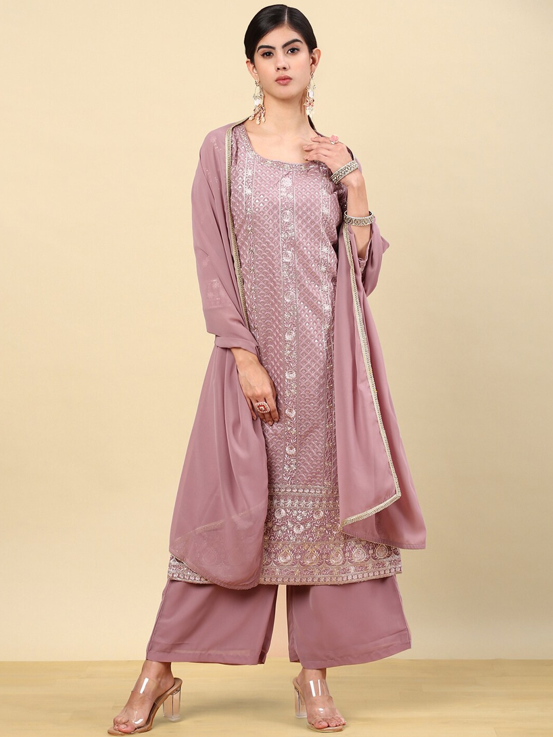 Soch Pink Floral Embroidered Sequinned Straight Georgette Kurta with Palazzos & Dupatta
Soch Pink Floral Embroidered Sequinned Straight Georgette Kurta with Palazzos & Dupatta