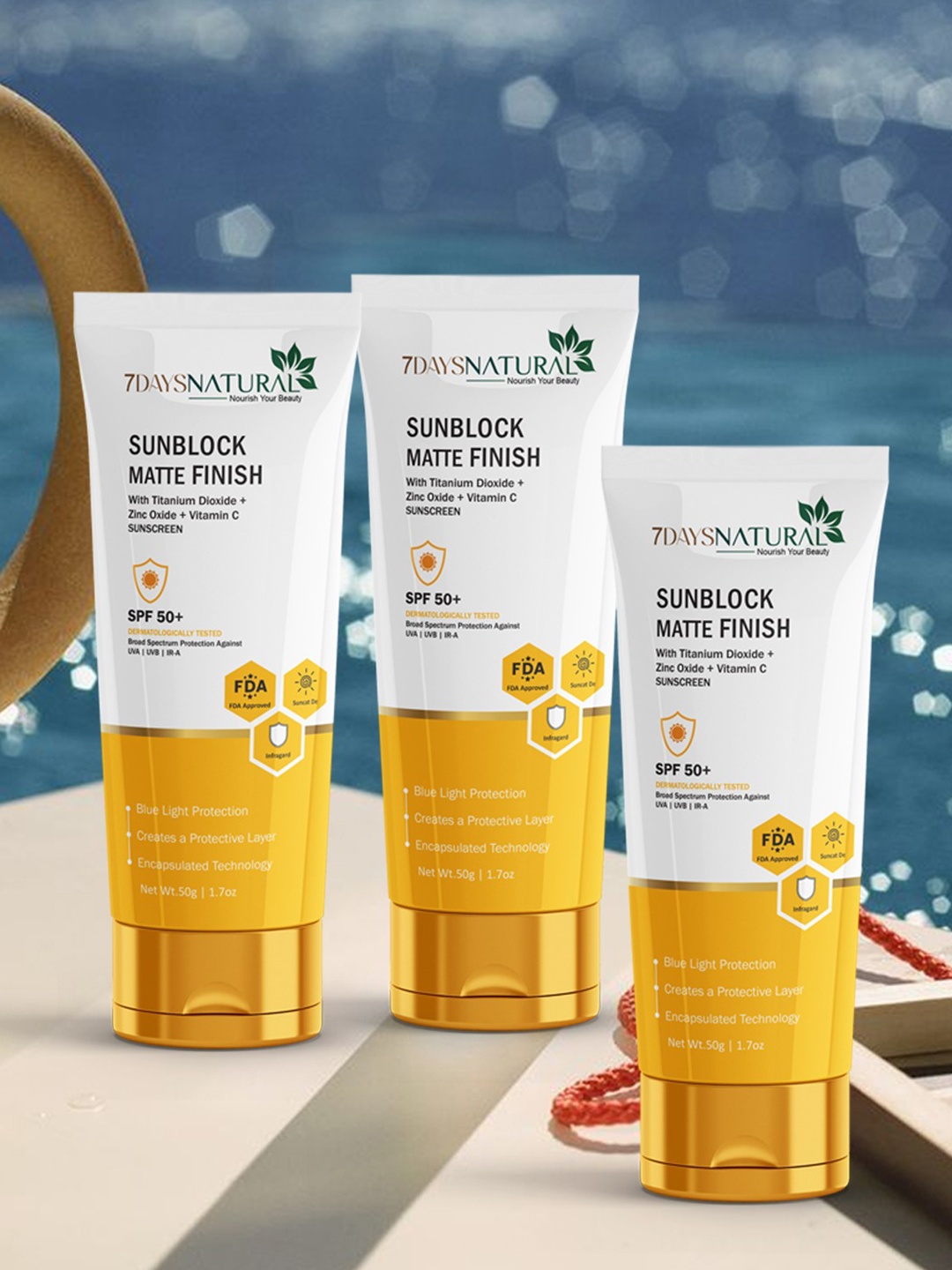 7 DAYS Feel Of Nature Set Of 3 Multi Vitamin Sunscreen SPF 50 PA++++ - 50g Each, White
7 DAYS Feel Of Nature Set Of 3 Multi Vitamin Sunscreen SPF 50 PA++++ - 50g Each, White