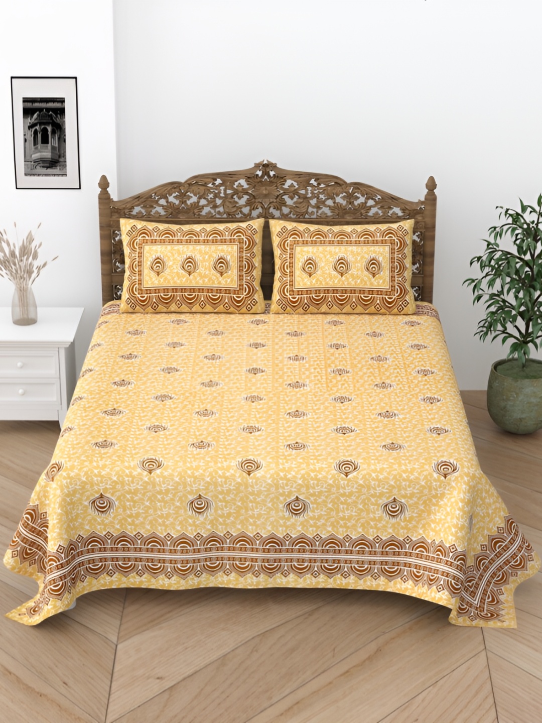 Comfowell Mustard Yellow & White Printed Cotton 244 TC King Bedsheet With 2 Pillow Covers
Comfowell Mustard Yellow & White Printed Cotton 244 TC King Bedsheet With 2 Pillow Covers