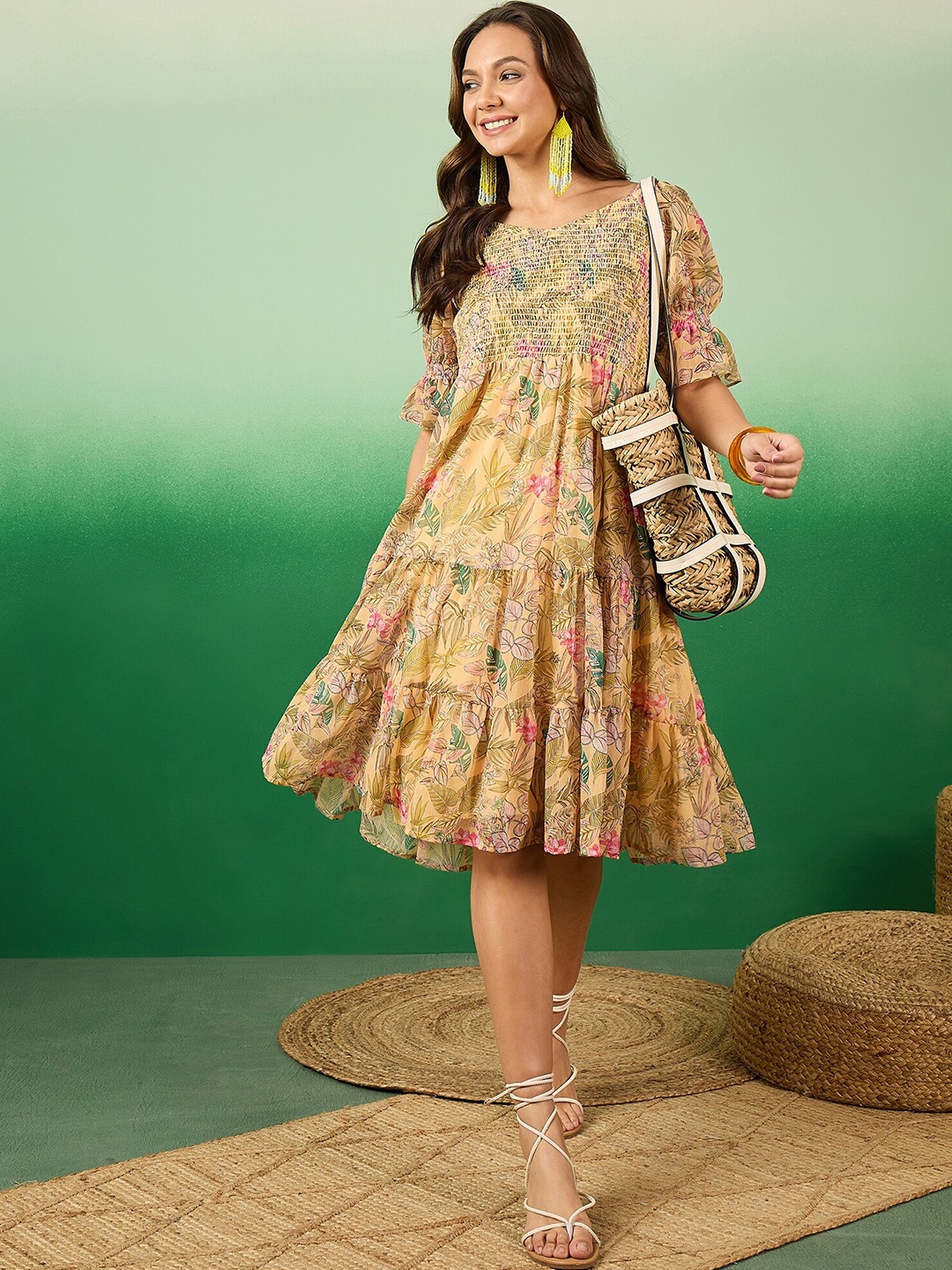 Sangria Floral Printed Smocked Tiered Fit & Flare Midi Chiffon Ethnic Dress, Yellow
Sangria Floral Printed Smocked Tiered Fit & Flare Midi Chiffon Ethnic Dress, Yellow