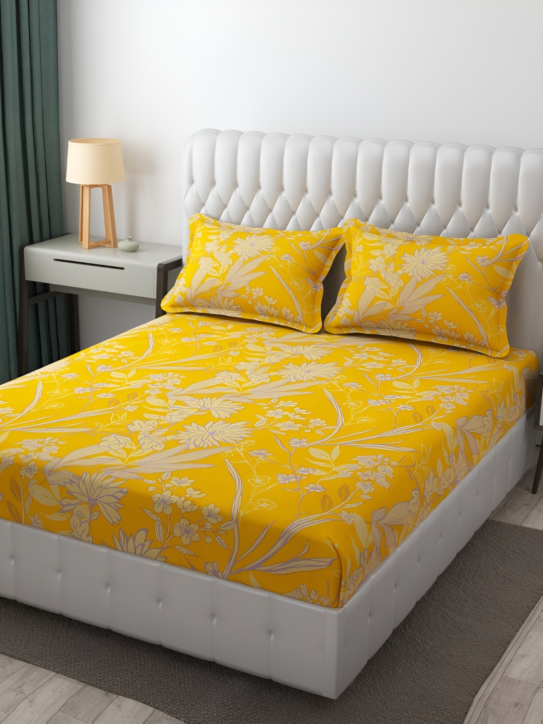 FINE TEX WORLD Yellow Floral 210 TC Microfiber Fitted King Bedsheet With 2 Pillow Covers
FINE TEX WORLD Yellow Floral 210 TC Microfiber Fitted King Bedsheet With 2 Pillow Covers
