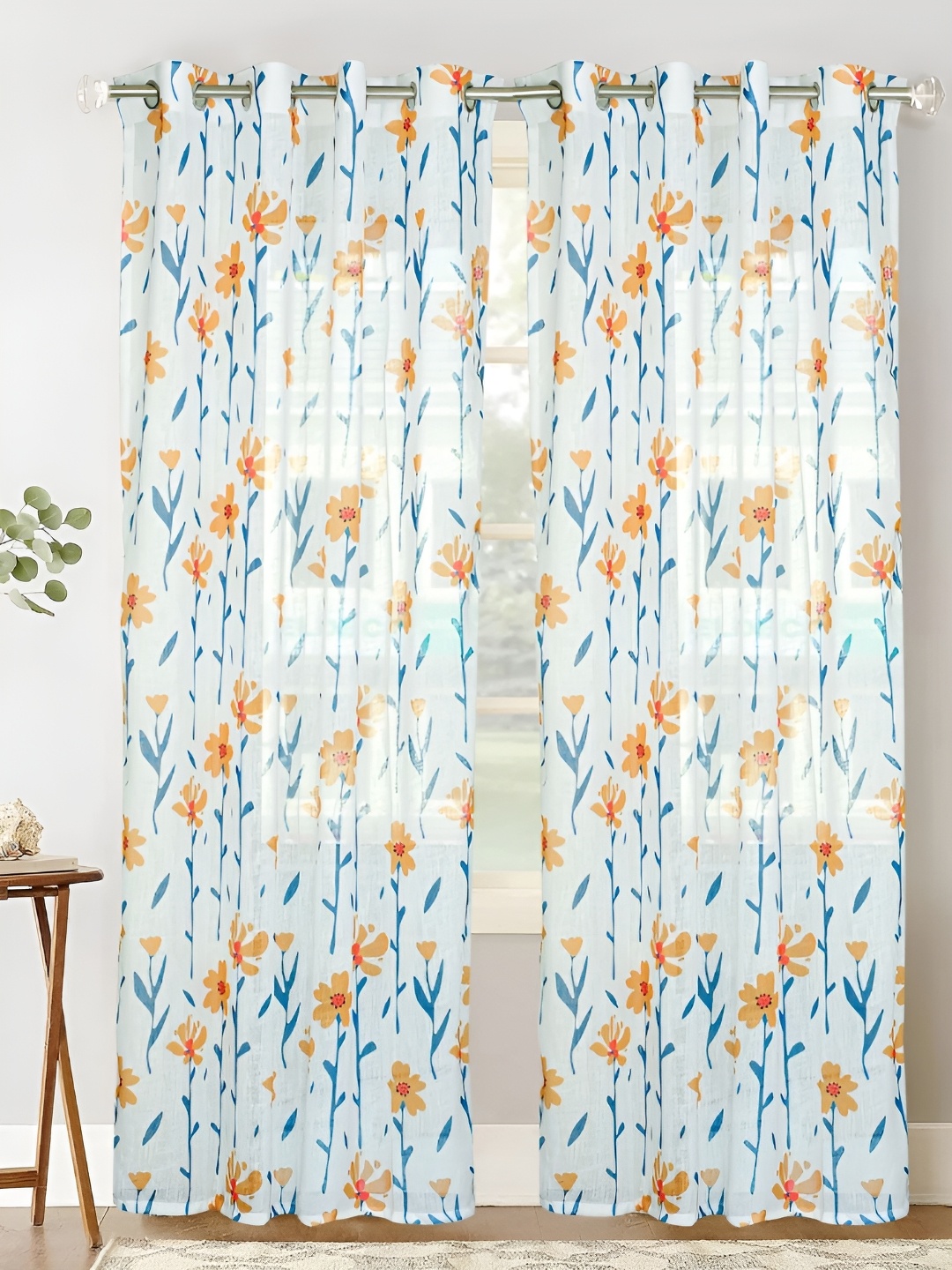 HOMADORN White & Blue Floral Printed Sheer Door Curtain