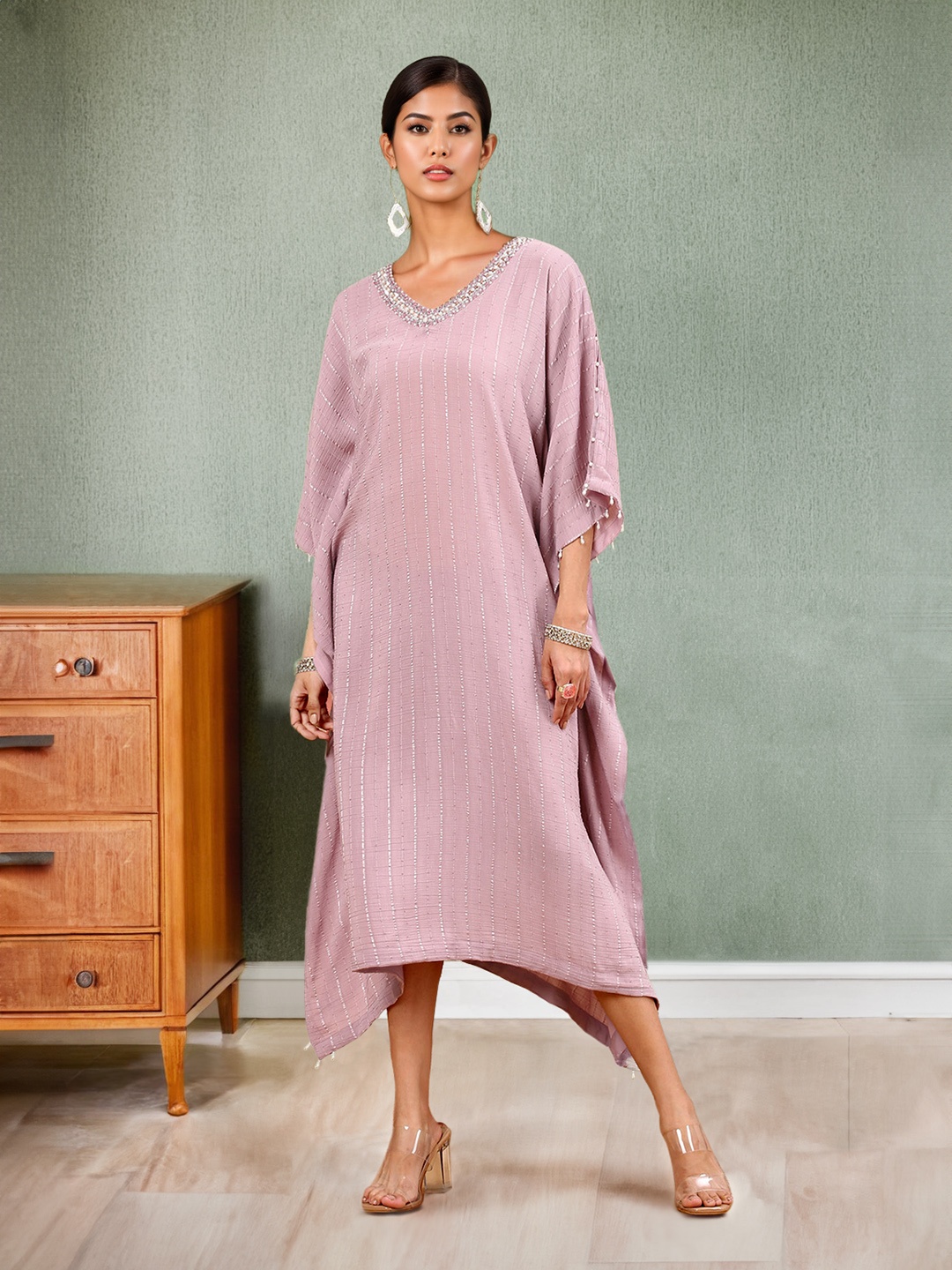 Soch Embillished V-Neck Extended Sleeves Beads & Stones Detail Dobby Kaftan Midi Dress, Purple
Soch Embillished V-Neck Extended Sleeves Beads & Stones Detail Dobby Kaftan Midi Dress, Purple