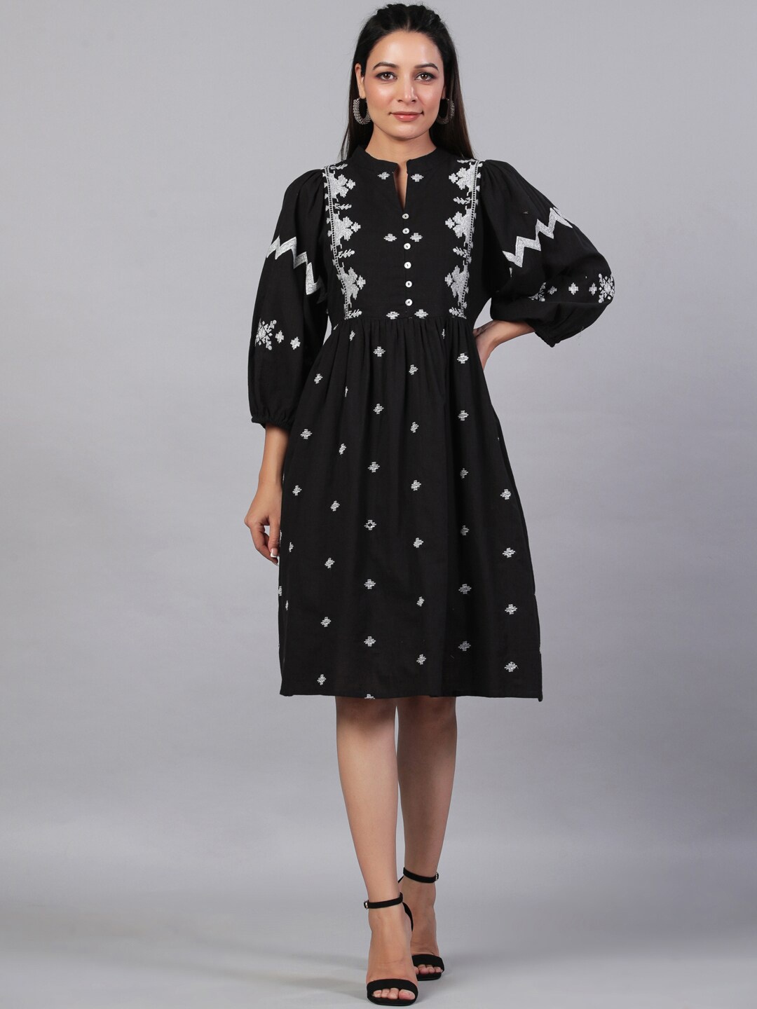 Aadews Ethnic Motifs Embroidered Mandarin Collar Puff Sleeve Cotton Fit & Flare Dress, Black
Aadews Ethnic Motifs Embroidered Mandarin Collar Puff Sleeve Cotton Fit & Flare Dress, Black