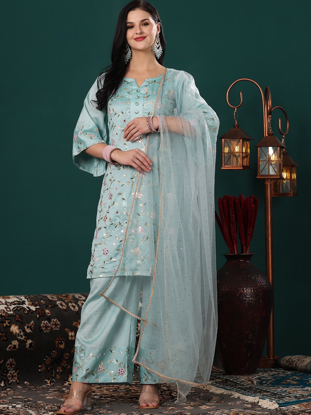 Ethnovog Floral Printed Regular Mirror Work Straight Kurta with Palazzos & Dupatta, Green
Ethnovog Floral Printed Regular Mirror Work Straight Kurta with Palazzos & Dupatta, Green