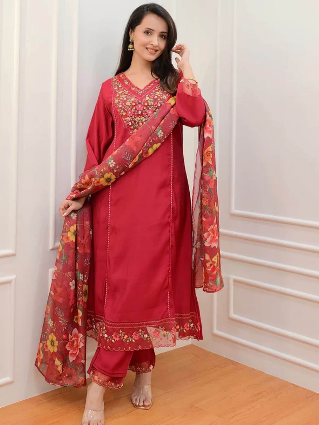 KALINI Floral Yoke Design Thread Work Straight Kurta With Trousers & Dupatta, Red
KALINI Floral Yoke Design Thread Work Straight Kurta With Trousers & Dupatta, Red