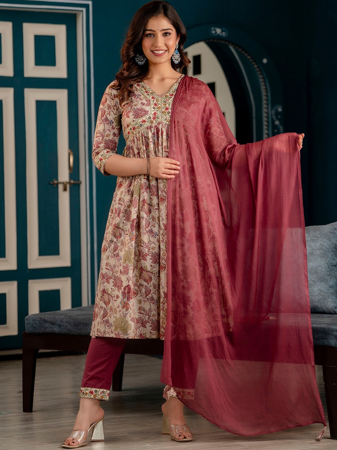 KALINI Floral Printed Thread Work Anarkali Pure Cotton Kurta with Trousers & Dupatta, Maroon
KALINI Floral Printed Thread Work Anarkali Pure Cotton Kurta with Trousers & Dupatta, Maroon