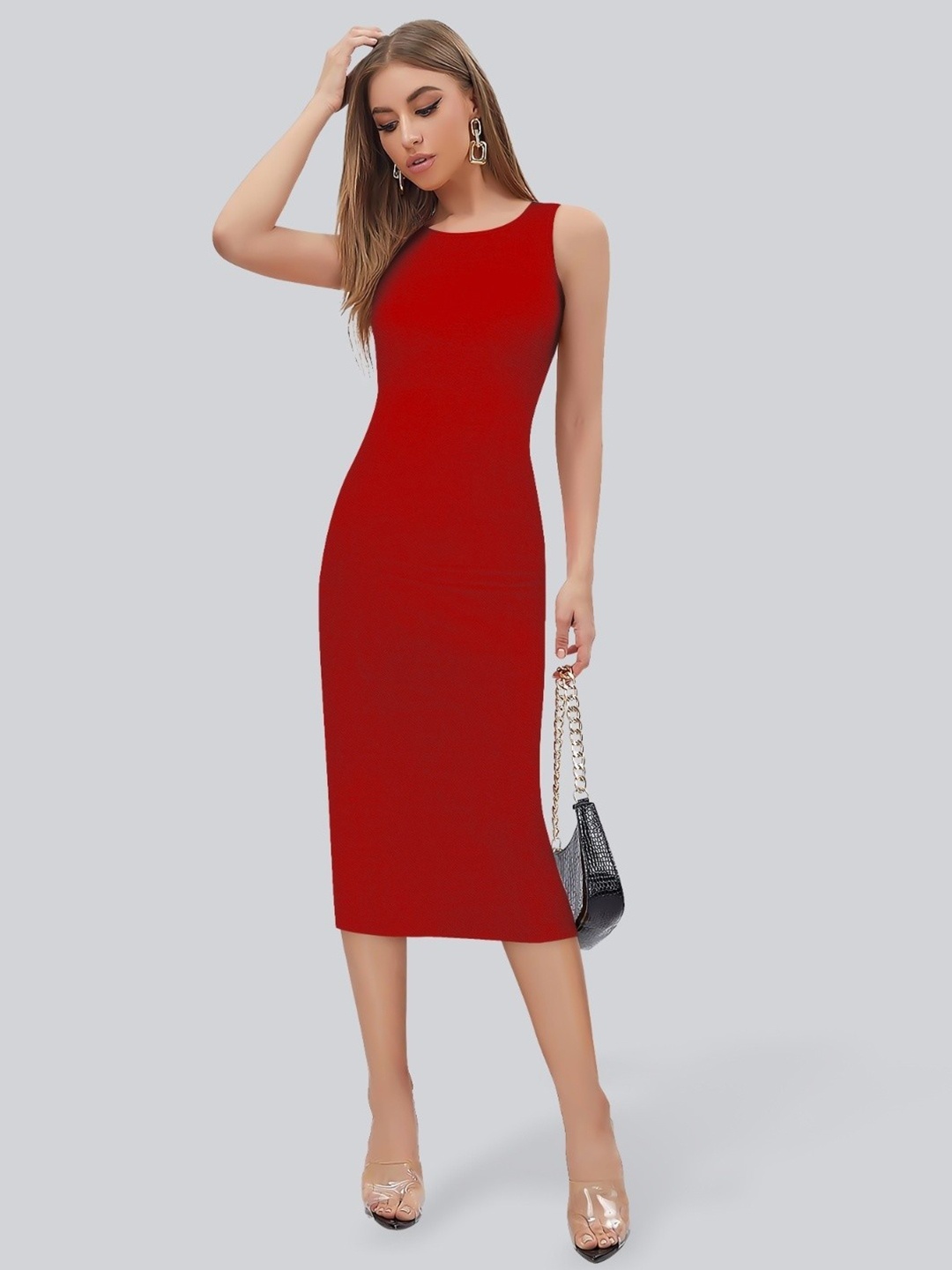 KERI PERRY Plain Straight Fit Round Neck Sleeveless Partywear Bodycon Midi Dress, Red
KERI PERRY Plain Straight Fit Round Neck Sleeveless Partywear Bodycon Midi Dress, Red