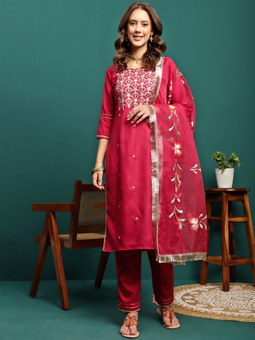 Sangria Floral Embroidered Round Neck Straight Kurta With Trousers & Dupatta, Red
Sangria Floral Embroidered Round Neck Straight Kurta With Trousers & Dupatta, Red