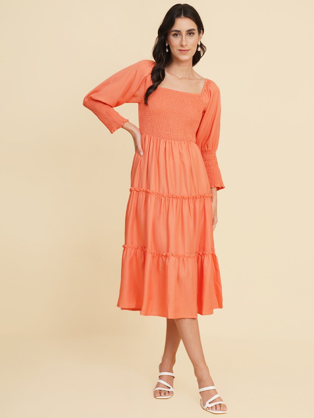 HOUSE OF KKARMA Square Neck Cuffed Sleeves Tiered & Smocked Detail Fit & Flare Midi Dress, Orange
HOUSE OF KKARMA Square Neck Cuffed Sleeves Tiered & Smocked Detail Fit & Flare Midi Dress, Orange