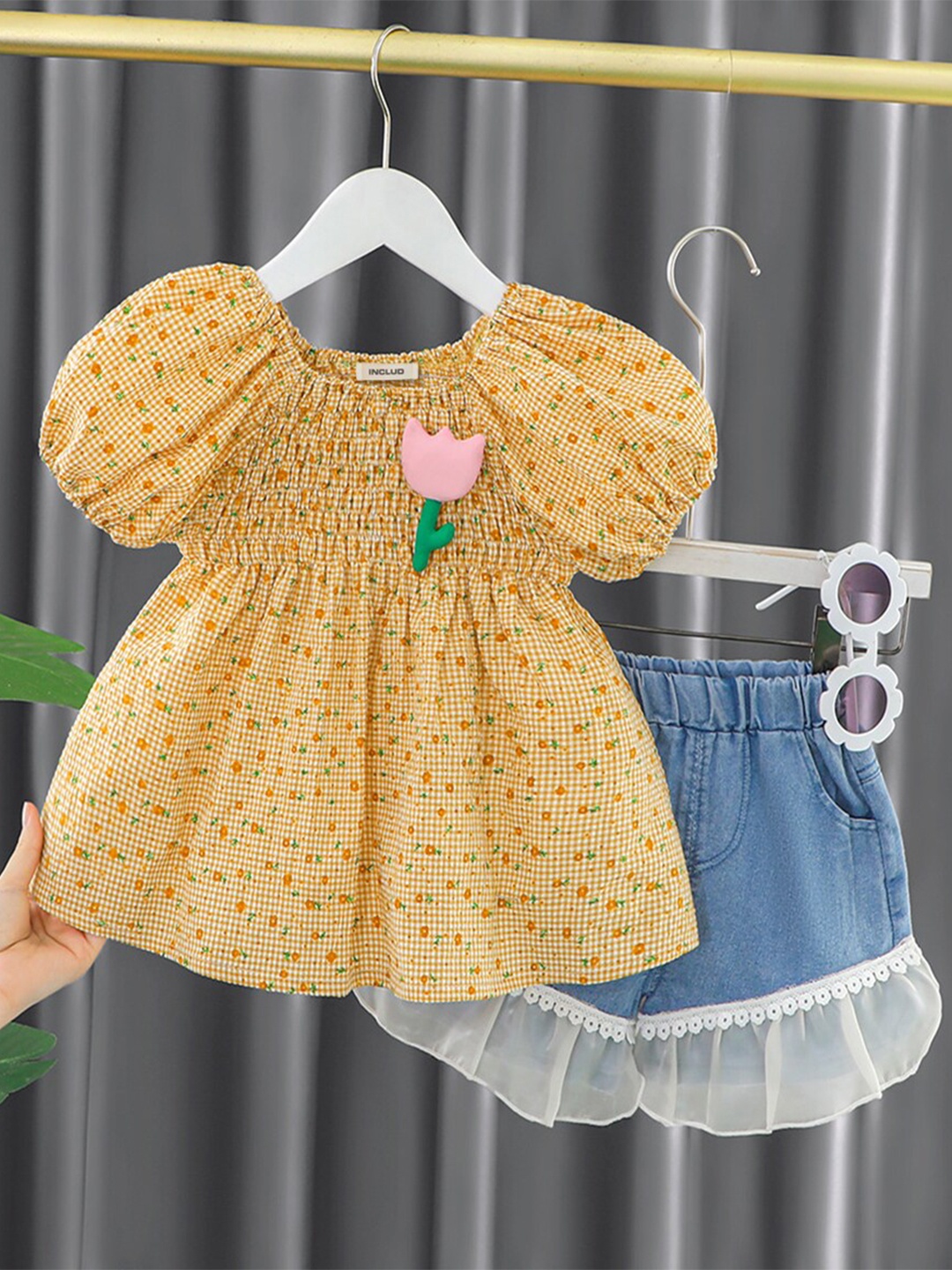INCLUD Girls Floral Printed Top with Shorts, Yellow
