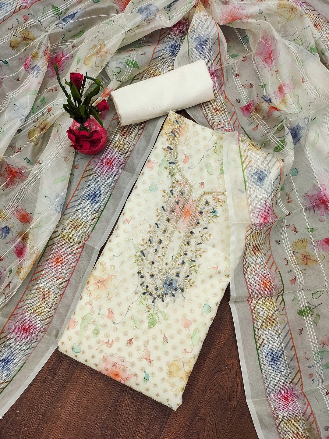 MANVAA Embellished Beads and Stones Banarasi Jacquard Unstitched Dress Material, Off white
MANVAA Embellished Beads and Stones Banarasi Jacquard Unstitched Dress Material, Off white