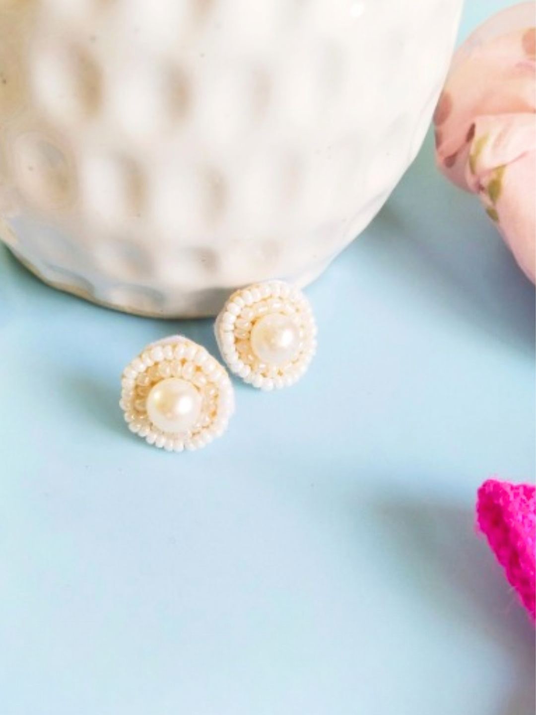 Anouk White Circular Beaded Stud Earrings