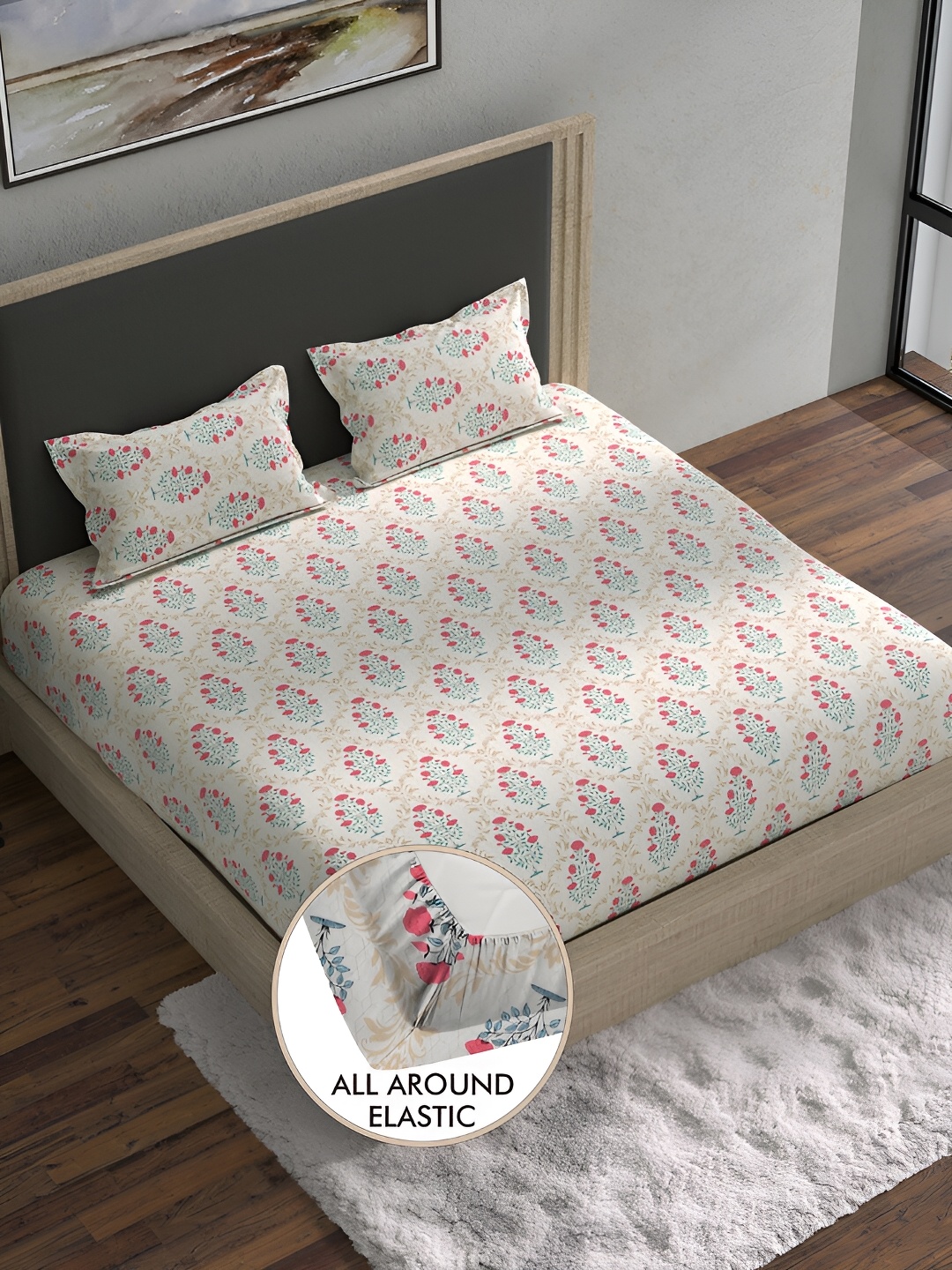 BELLA CASA Stella Pink & White Floral Cotton 180 TC Fitted King Bedsheet &2 Pillow Covers
BELLA CASA Stella Pink & White Floral Cotton 180 TC Fitted King Bedsheet &2 Pillow Covers
