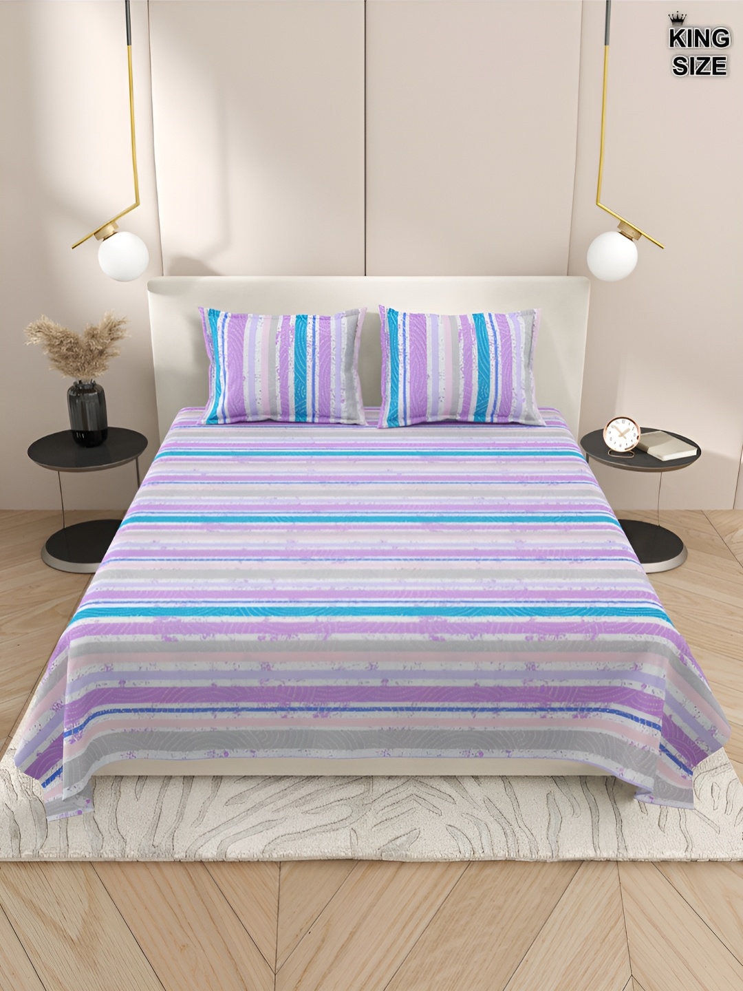 DREAM WEAVERZ Purple & White Striped Cotton 220 TC King Bedsheet With 2 Pillow Covers
DREAM WEAVERZ Purple & White Striped Cotton 220 TC King Bedsheet With 2 Pillow Covers