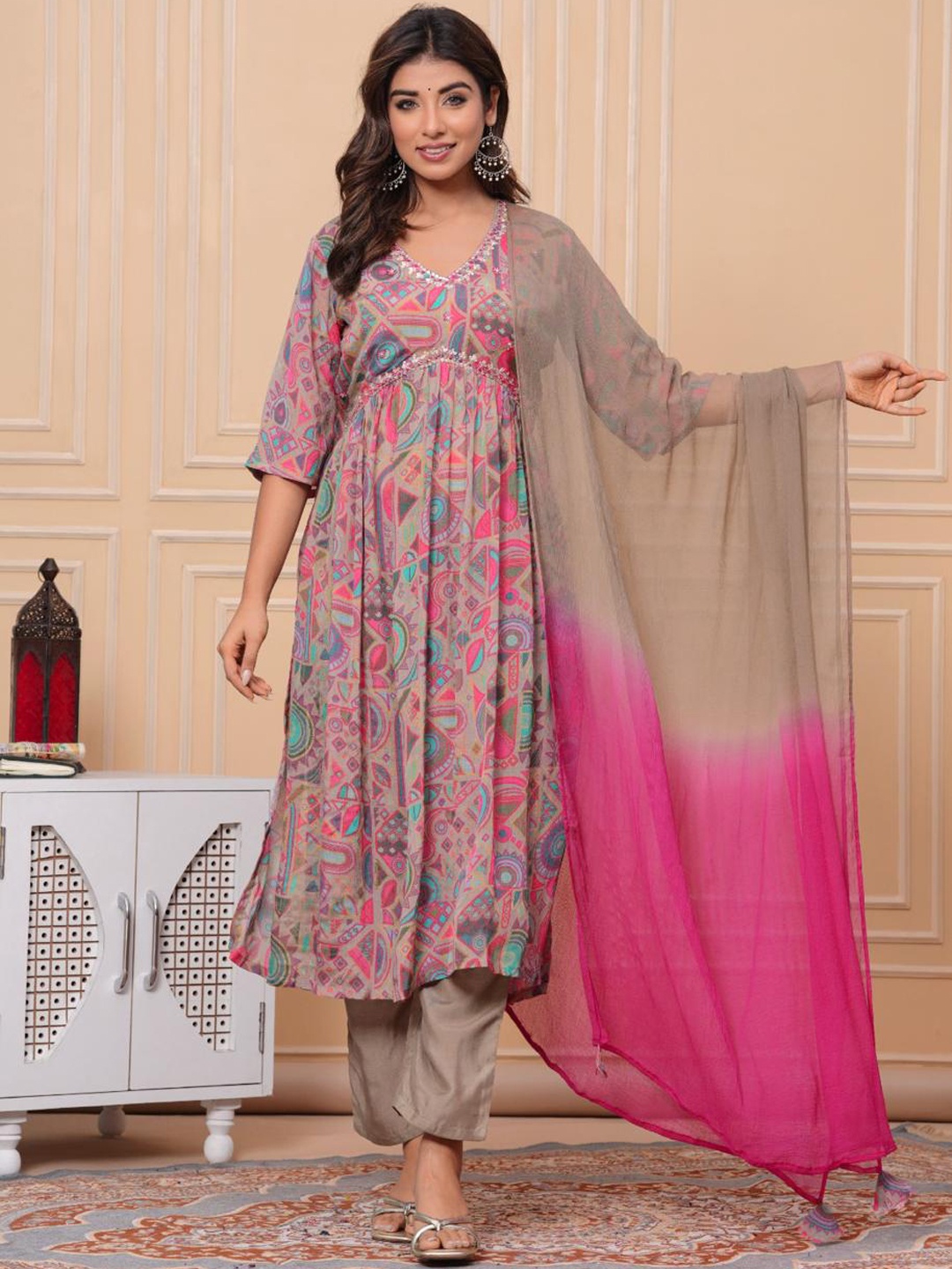 Shikhaa Style Geometric Printed Zardozi Empire A-Line Kurta With Trousers & Dupatta, Pink
Shikhaa Style Geometric Printed Zardozi Empire A-Line Kurta With Trousers & Dupatta, Pink