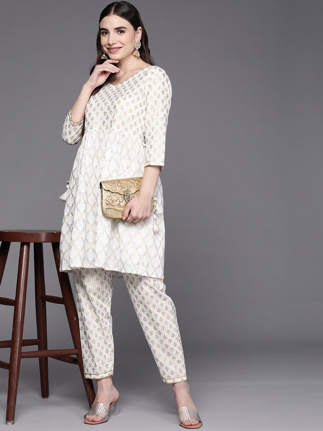 Indo Era Ethnic Motifs Printed Empire Gotta Patti A-Line Kurta With Trouser, Off white
Indo Era Ethnic Motifs Printed Empire Gotta Patti A-Line Kurta With Trouser, Off white