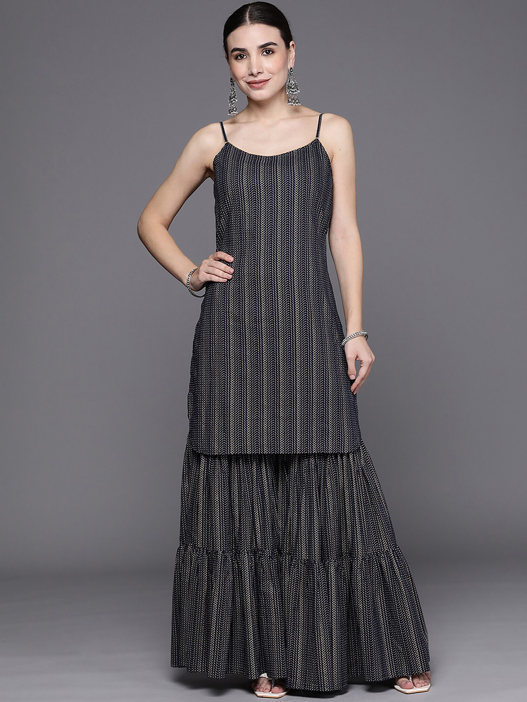 Indo Era Printed Pure Cotton Straight Kurta With Sharara, Navy blue
Indo Era Printed Pure Cotton Straight Kurta With Sharara, Navy blue