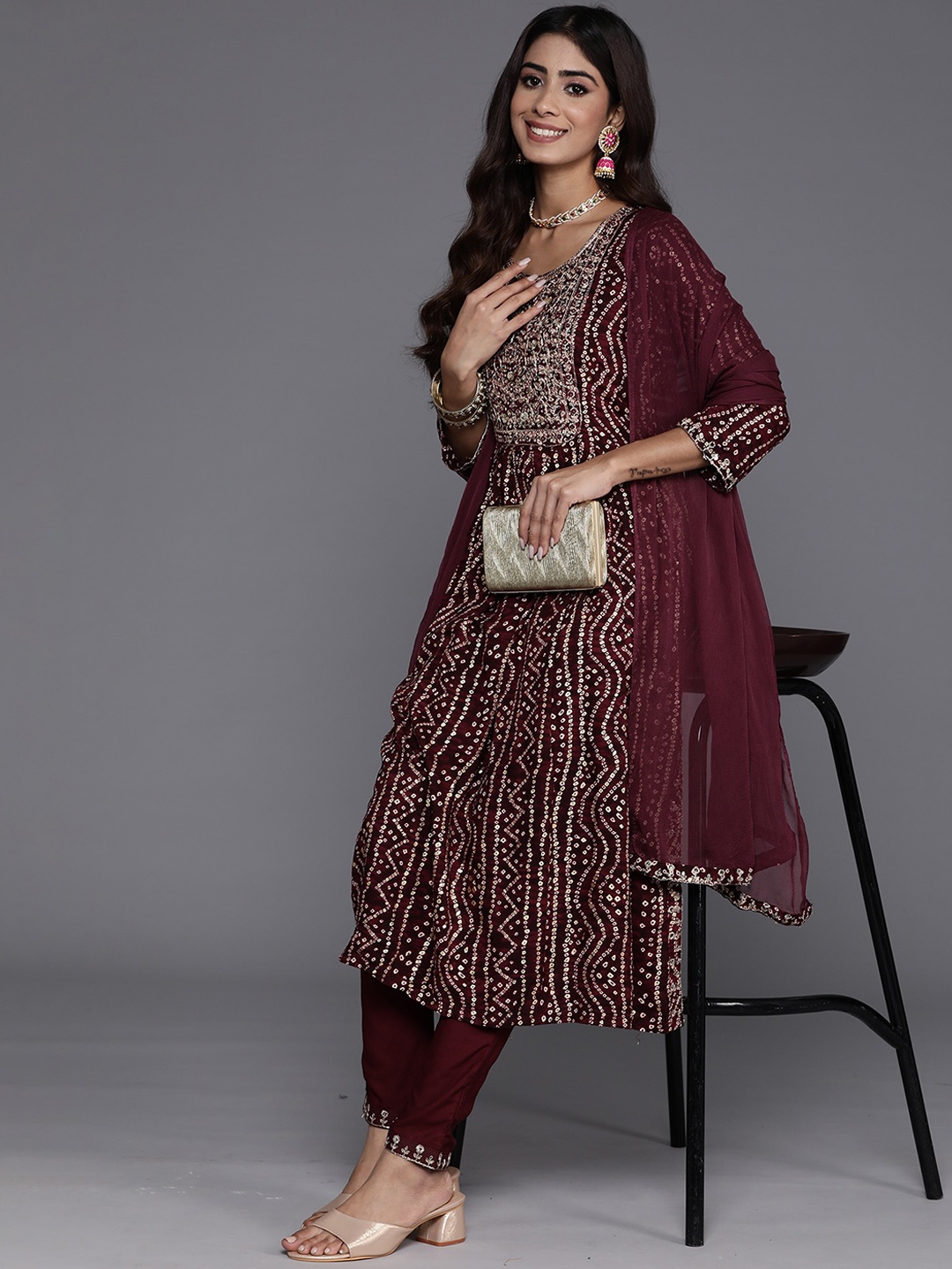 Indo Era Bandhani Printed Sequinned Empire A-Line Kurta With Trousers & Dupatta, Burgundy
Indo Era Bandhani Printed Sequinned Empire A-Line Kurta With Trousers & Dupatta, Burgundy