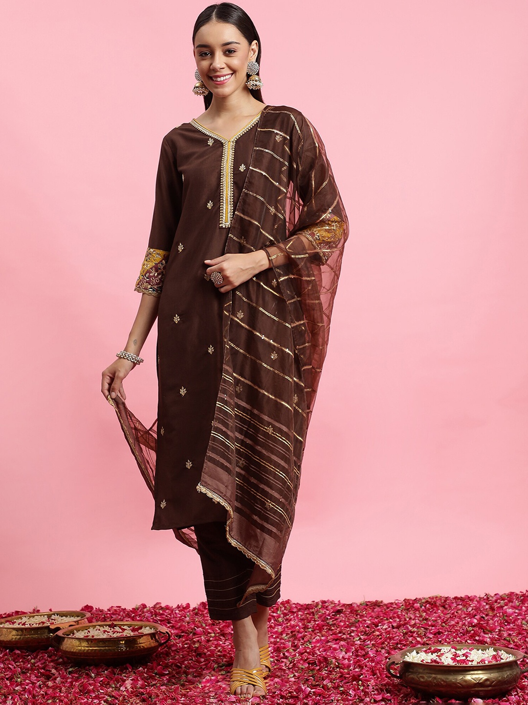 Indo Era Floral Embroidered Sequinned Straight Kurta With Trouser & Dupatta, Brown
Indo Era Floral Embroidered Sequinned Straight Kurta With Trouser & Dupatta, Brown