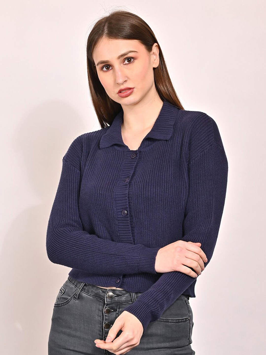 NoBarr Women Ribbed Shirt Collar Cardigan, Blue