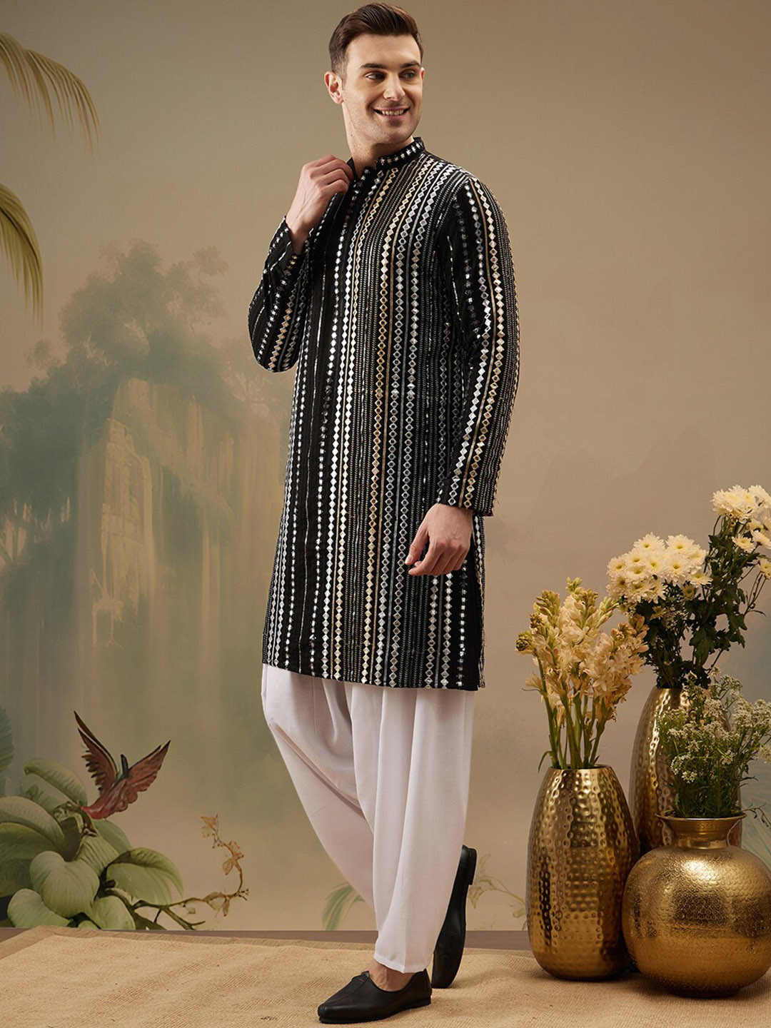 Molly & Michel Geometric Embroidered Mandarin Collar Mirror Work Straight Kurta & Salwar, Black
Molly & Michel Geometric Embroidered Mandarin Collar Mirror Work Straight Kurta & Salwar, Black