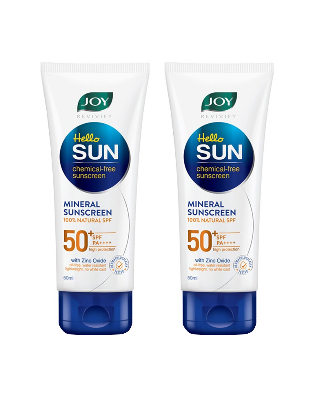 JOY Set of 2 Hello Sun SPF50 Chemical Free Sunscreen with Zinc Oxide - 50 ml each, White
JOY Set of 2 Hello Sun SPF50 Chemical Free Sunscreen with Zinc Oxide - 50 ml each, White
