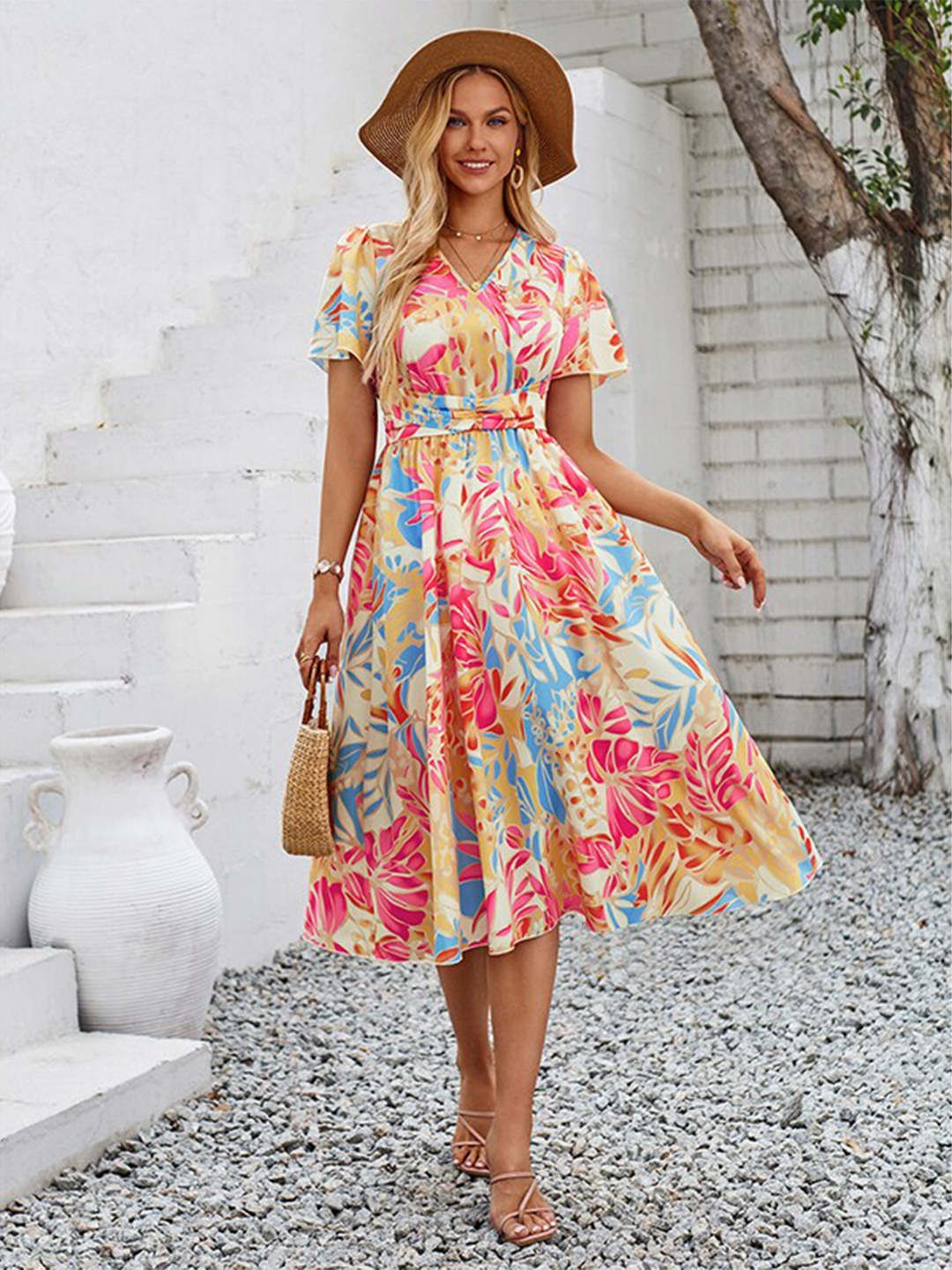 StyleCast x Revolte Pink & Off White Floral Printed Flutter Sleeve A-Line Midi Dress
StyleCast x Revolte Pink & Off White Floral Printed Flutter Sleeve A-Line Midi Dress