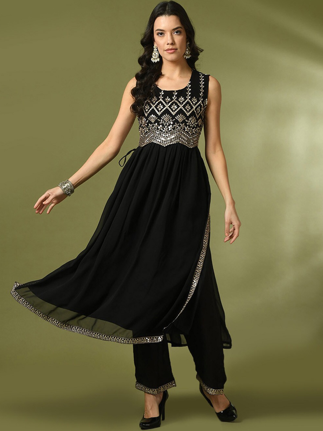 Sangria Ethnic Motifs Embroidered Mirror Work Georgette A-Line Kurta & Palazzos, Black
Sangria Ethnic Motifs Embroidered Mirror Work Georgette A-Line Kurta & Palazzos, Black
