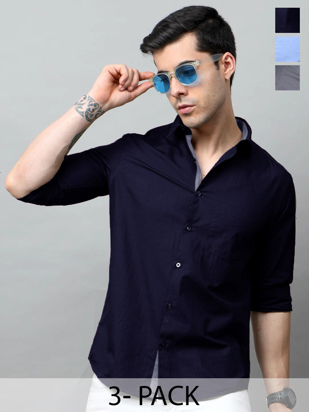 Tee Projekt Pack of 3 Standard Fit Spread Collar Cotton Casual Shirts, Navy blue
Tee Projekt Pack of 3 Standard Fit Spread Collar Cotton Casual Shirts, Navy blue