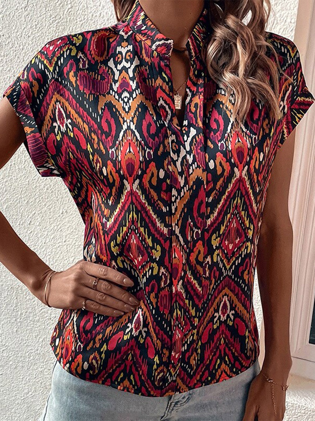 StyleCast x Revolte Geometric Print Mandarin Collar Extended Sleeves Shirt Style Top, Red
StyleCast x Revolte Geometric Print Mandarin Collar Extended Sleeves Shirt Style Top, Red