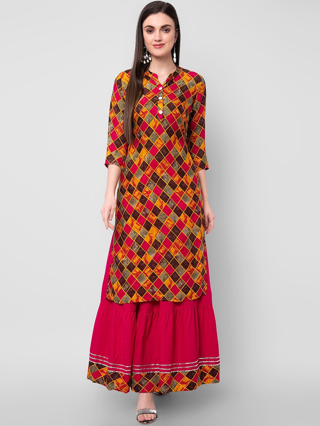 Sanganeri Kurti Geometric Printed Mandarin Collar Three-Quarter Sleeves Straight Kurta Set, Pink
Sanganeri Kurti Geometric Printed Mandarin Collar Three-Quarter Sleeves Straight Kurta Set, Pink