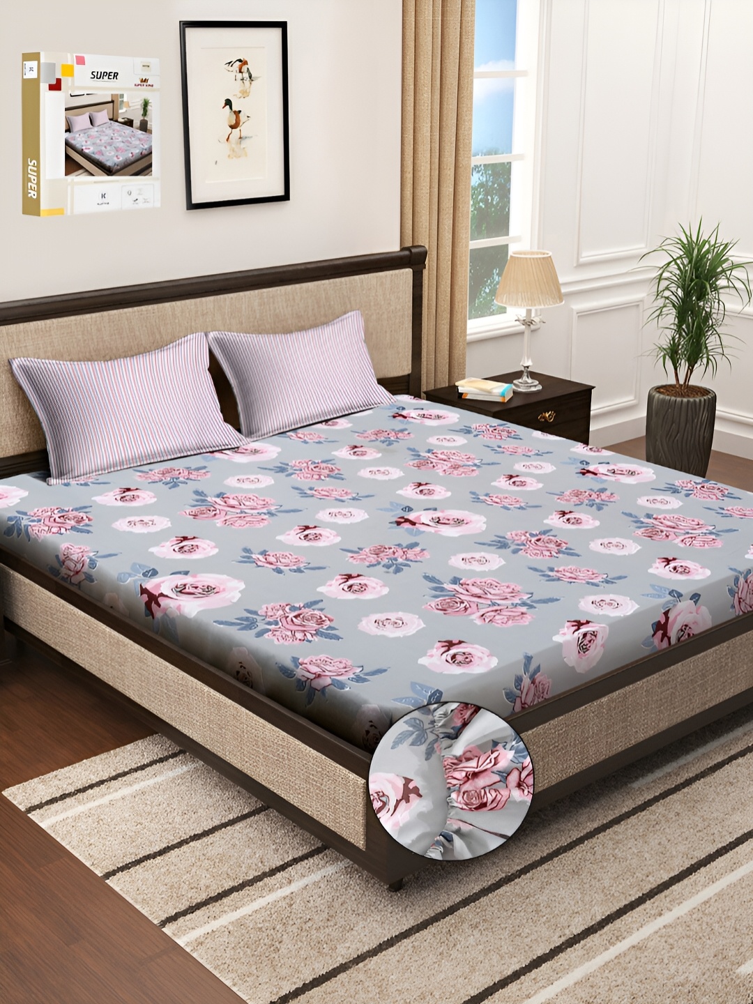 KLOTTHE Grey & Pink Floral Printed 300 TC Double Fitted Bedsheet With 2 Pillow Covers
KLOTTHE Grey & Pink Floral Printed 300 TC Double Fitted Bedsheet With 2 Pillow Covers