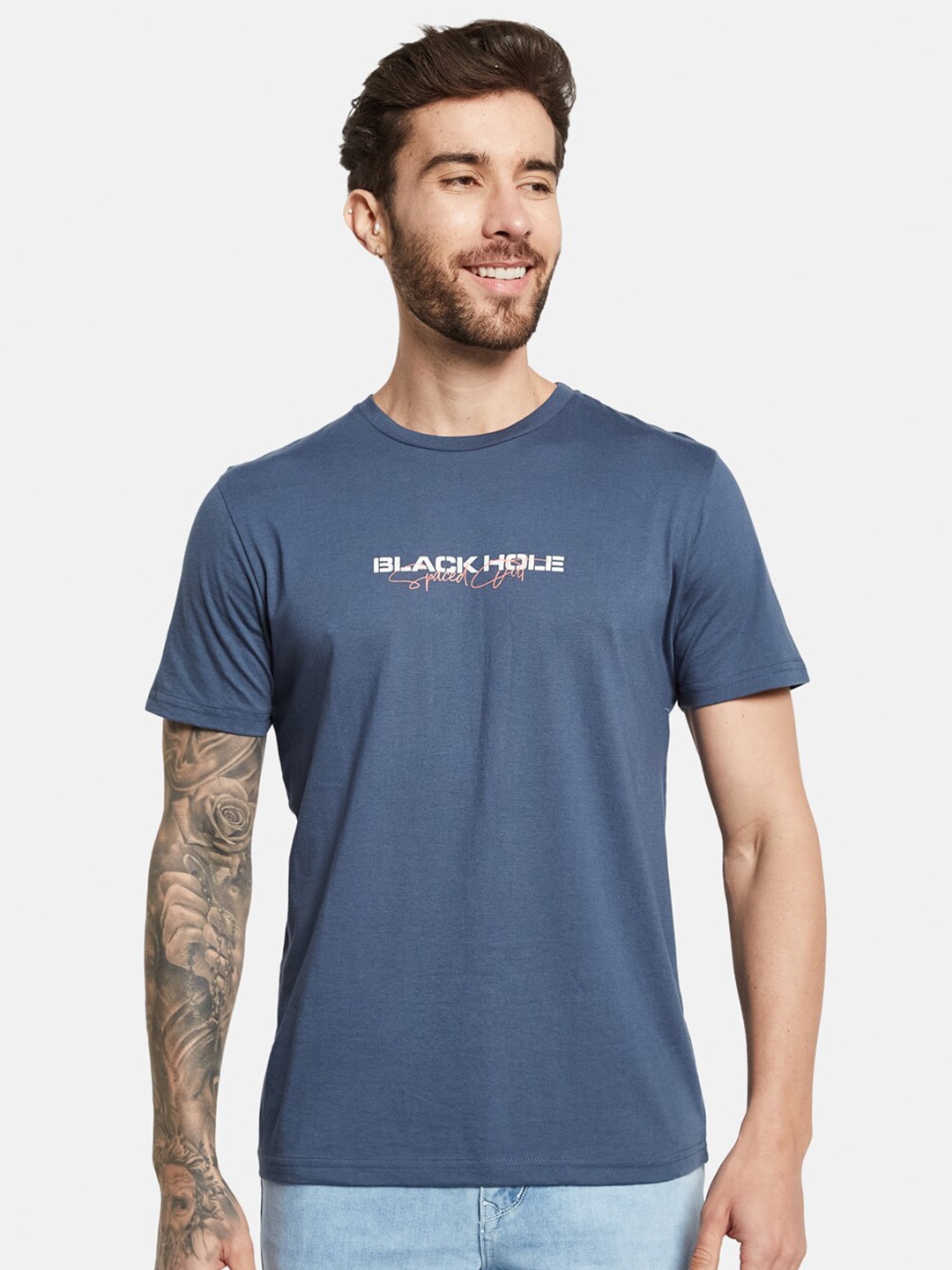 Octave Typography Round Neck Short Sleeves Cotton T-shirt, Blue