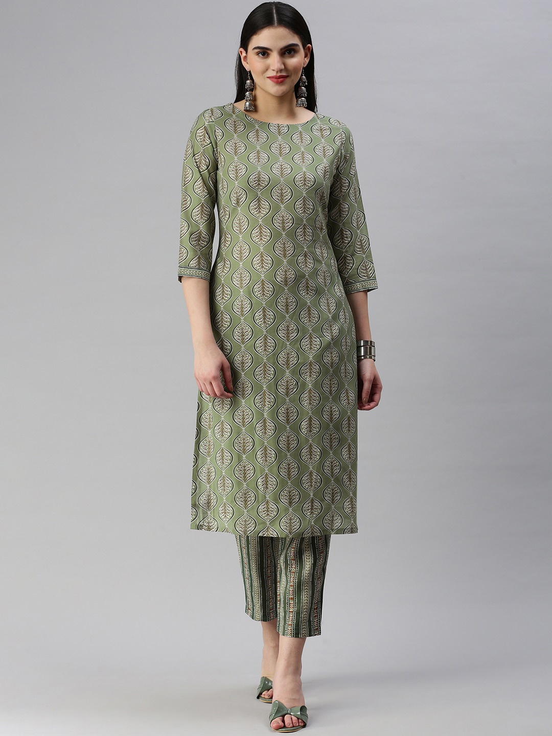 KALINI Ethnic Motifs Printed Straight Chanderi Cotton Kurta with Trousers, Green
KALINI Ethnic Motifs Printed Straight Chanderi Cotton Kurta with Trousers, Green