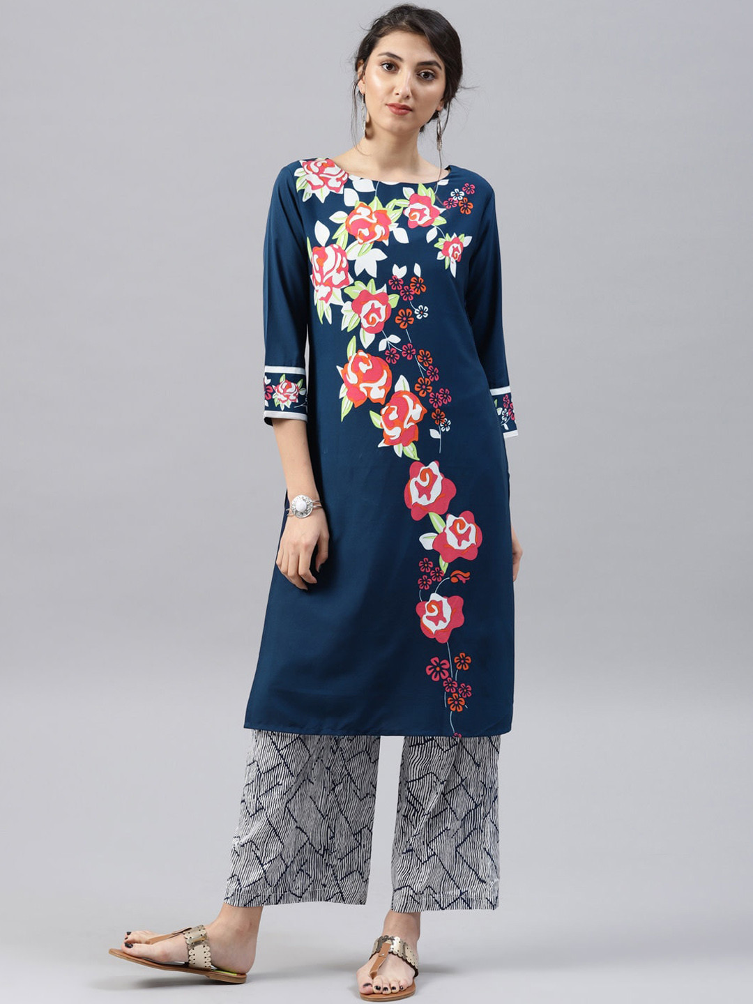 AHIKA Navy Blue Floral Printed Round Neck Straight A-Line Kurta 
AHIKA Navy Blue Floral Printed Round Neck Straight A-Line Kurta