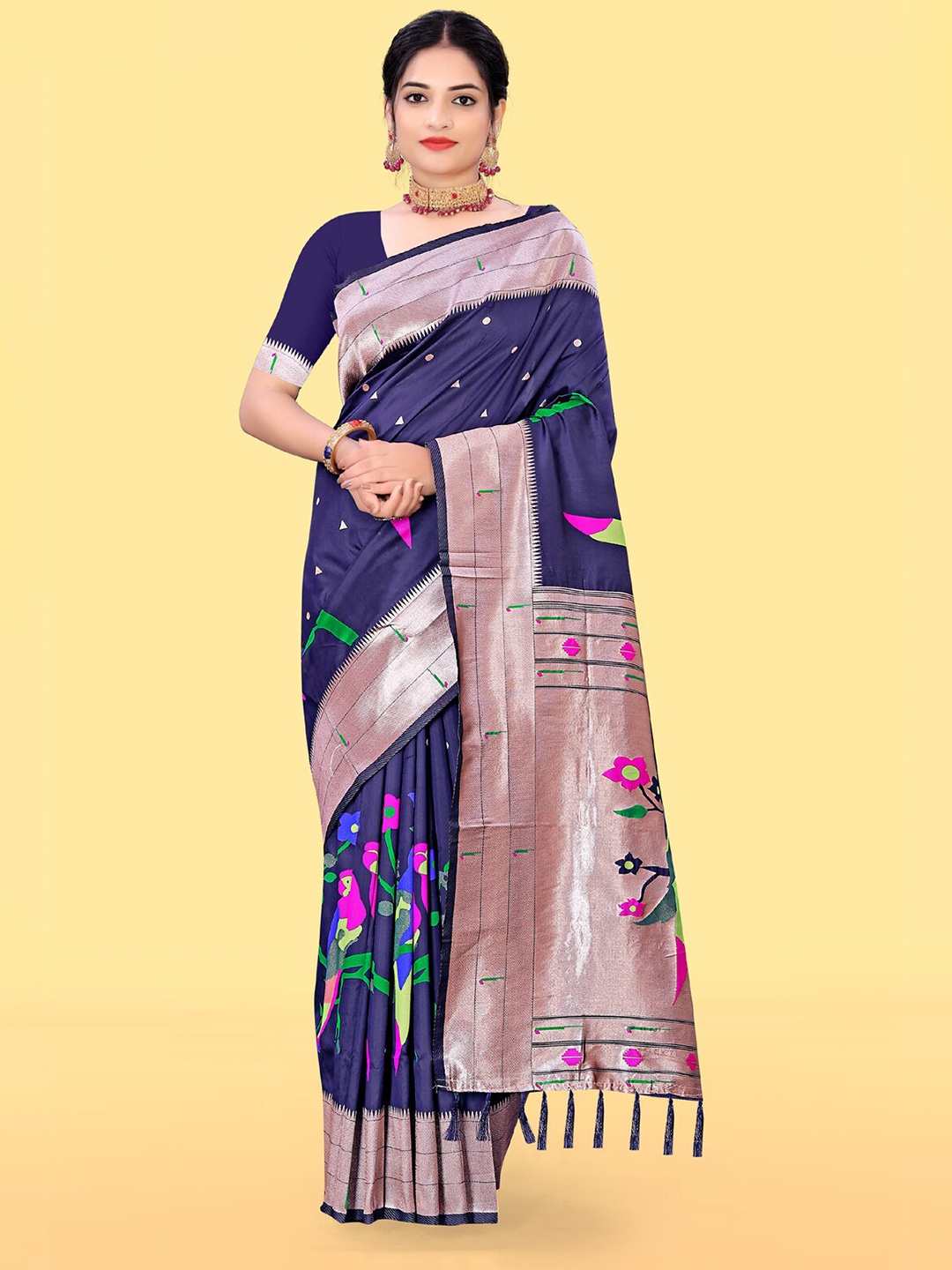 RAJ DHARMA SILK Ethnic Motifs Woven Design Zari Silk Blend Paithani Saree, Navy blue
RAJ DHARMA SILK Ethnic Motifs Woven Design Zari Silk Blend Paithani Saree, Navy blue
