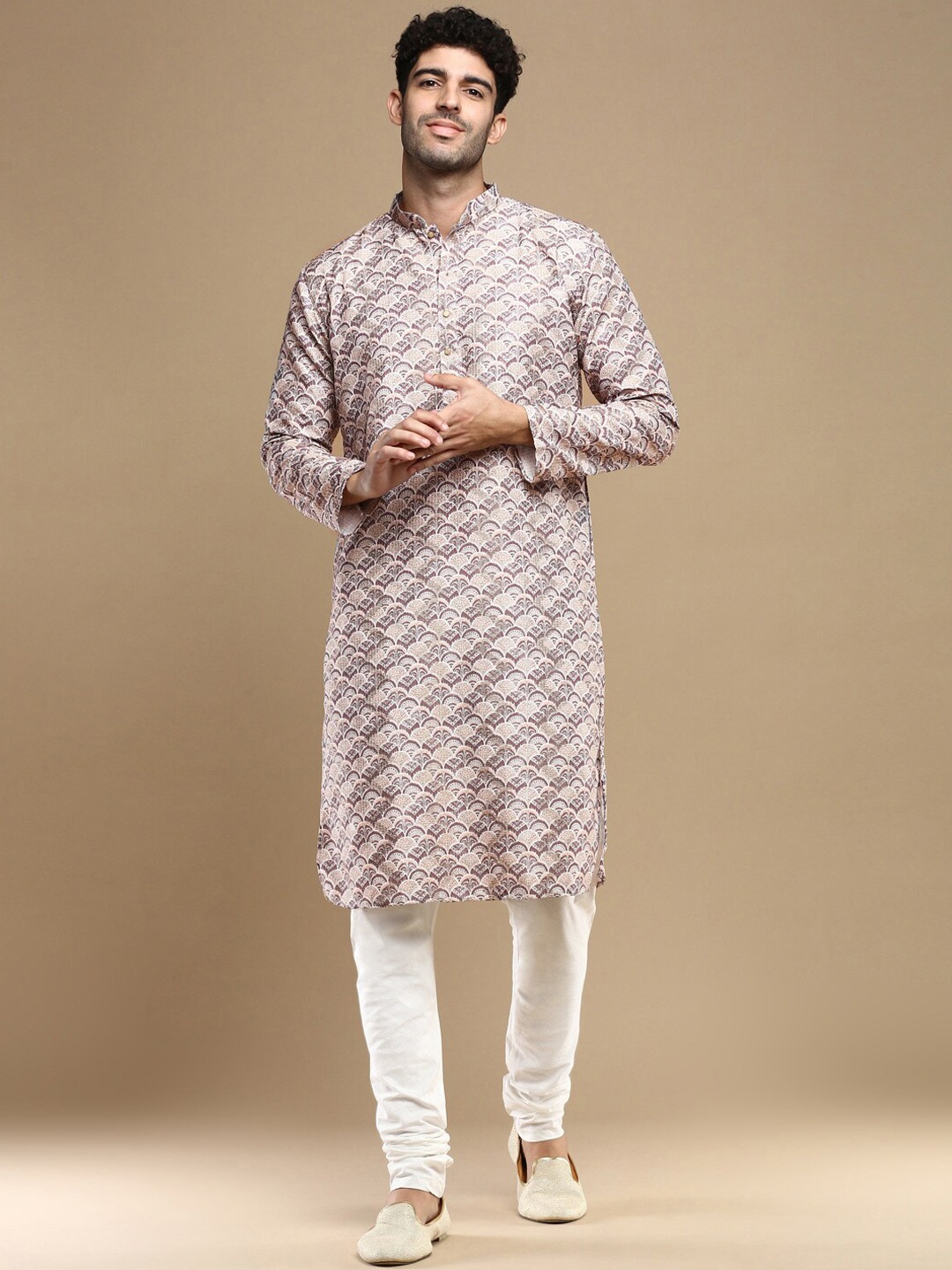 Anouk Men Flared Sleeves Thread Work Floral Kurta, Brown