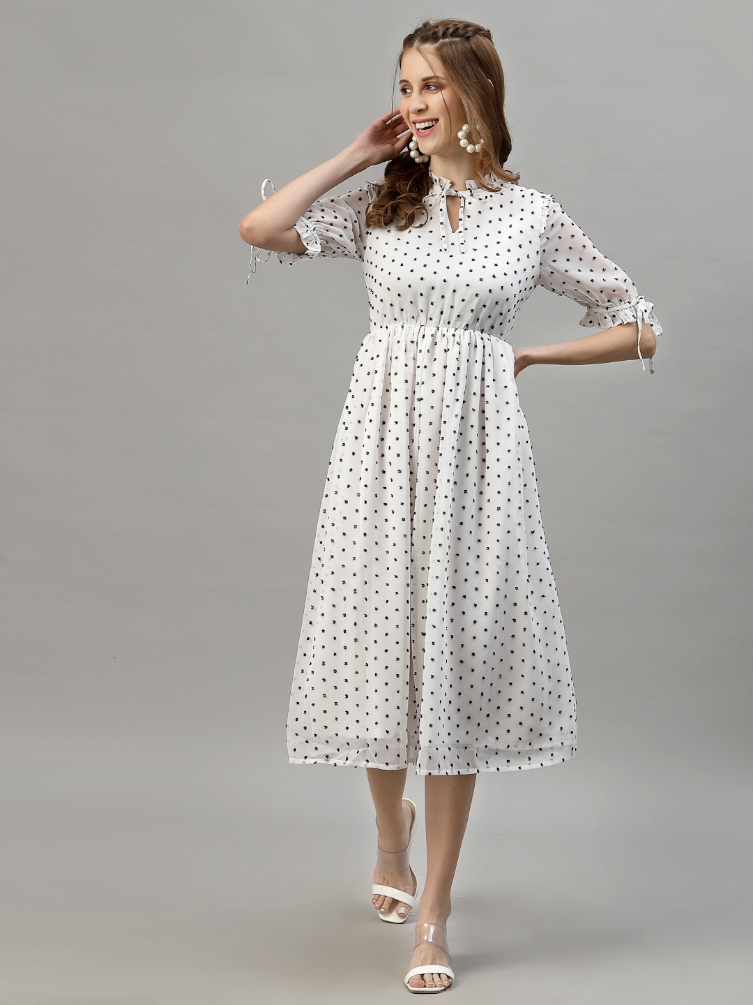 HOUSE OF KKARMA Polka Dot Printed Keyhole Neck Bell Sleeve Fit & Flare Midi Dress, White
HOUSE OF KKARMA Polka Dot Printed Keyhole Neck Bell Sleeve Fit & Flare Midi Dress, White