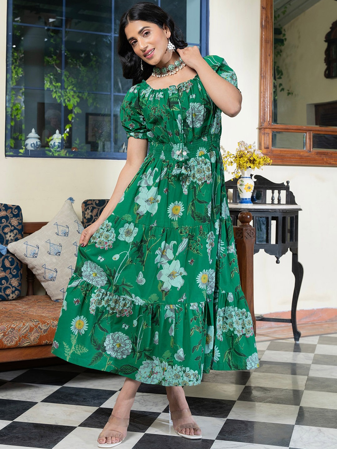 RangDeep Floral Printed Puff Sleeve Smocked Cotton Tiered Fit & Flare Ethnic Dress, Green
RangDeep Floral Printed Puff Sleeve Smocked Cotton Tiered Fit & Flare Ethnic Dress, Green