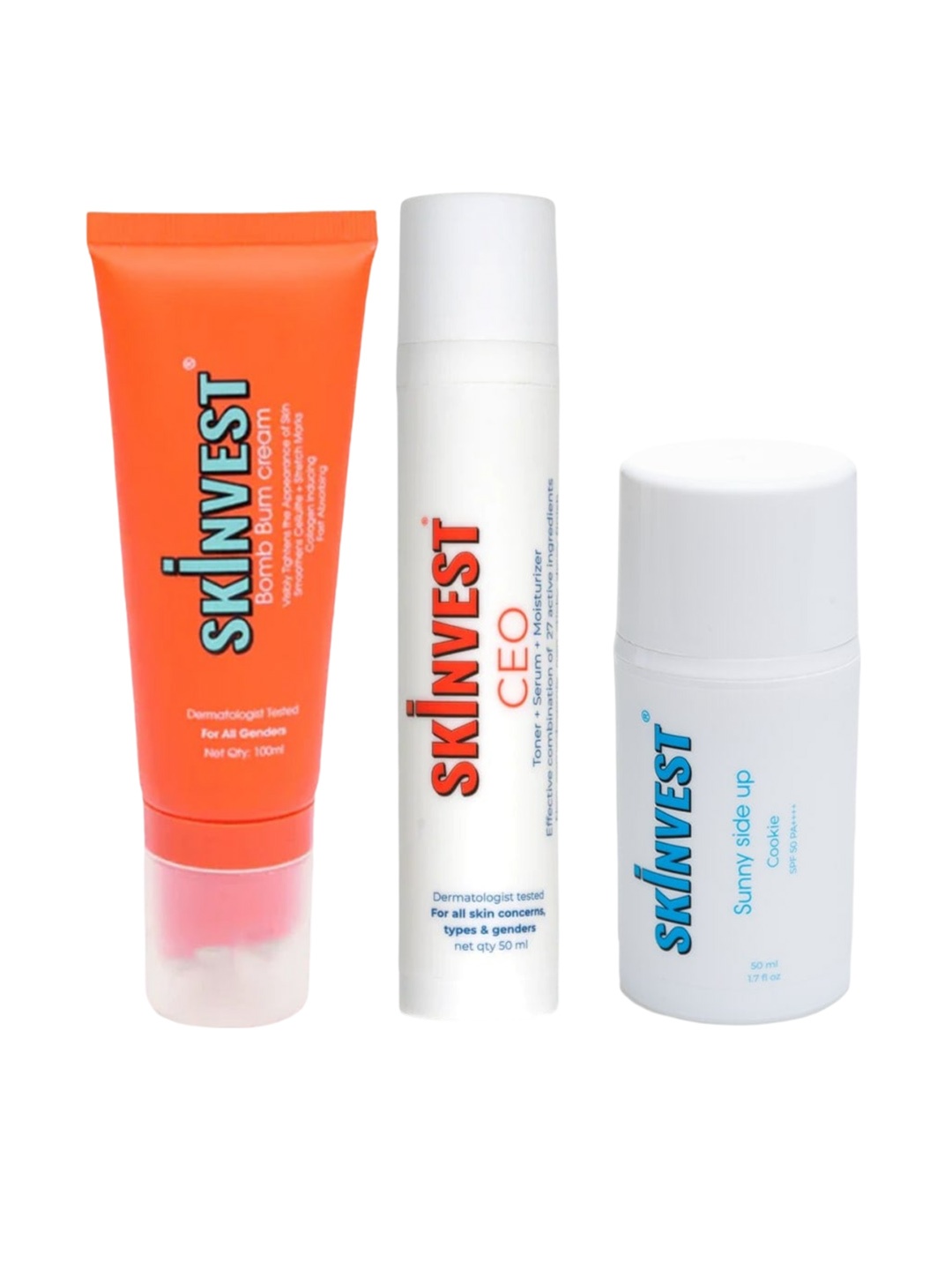 SKINVEST Bomb Bum Body Cream-100ml-CEO Glow Serum-Sunny Side Up Cookie Sunscreen-50mlEach, White
SKINVEST Bomb Bum Body Cream-100ml-CEO Glow Serum-Sunny Side Up Cookie Sunscreen-50mlEach, White