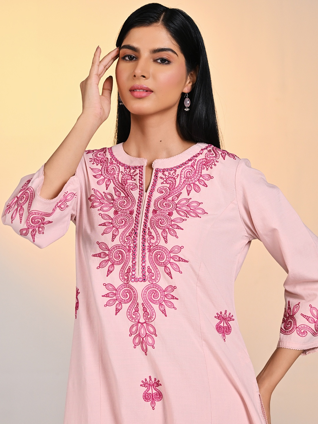Lakshita Floral Embroidered Mandarin Collar Mirror Work Cotton Linen Straight Kurta, Pink
Lakshita Floral Embroidered Mandarin Collar Mirror Work Cotton Linen Straight Kurta, Pink
