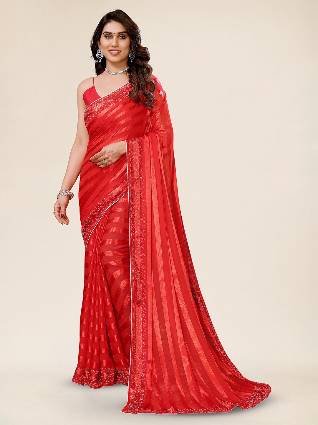 ANAND SAREES Striped Saree, Red