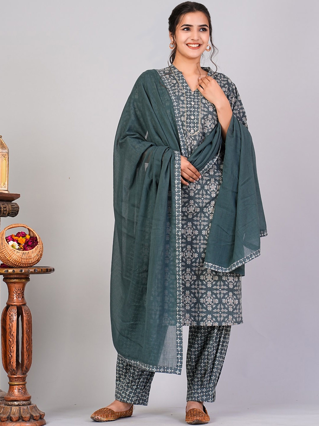 FLAMBOYANT Ethnic Motifs Printed Pure Cotton Lace Kurta With Trouser & Dupatta, Green
FLAMBOYANT Ethnic Motifs Printed Pure Cotton Lace Kurta With Trouser & Dupatta, Green