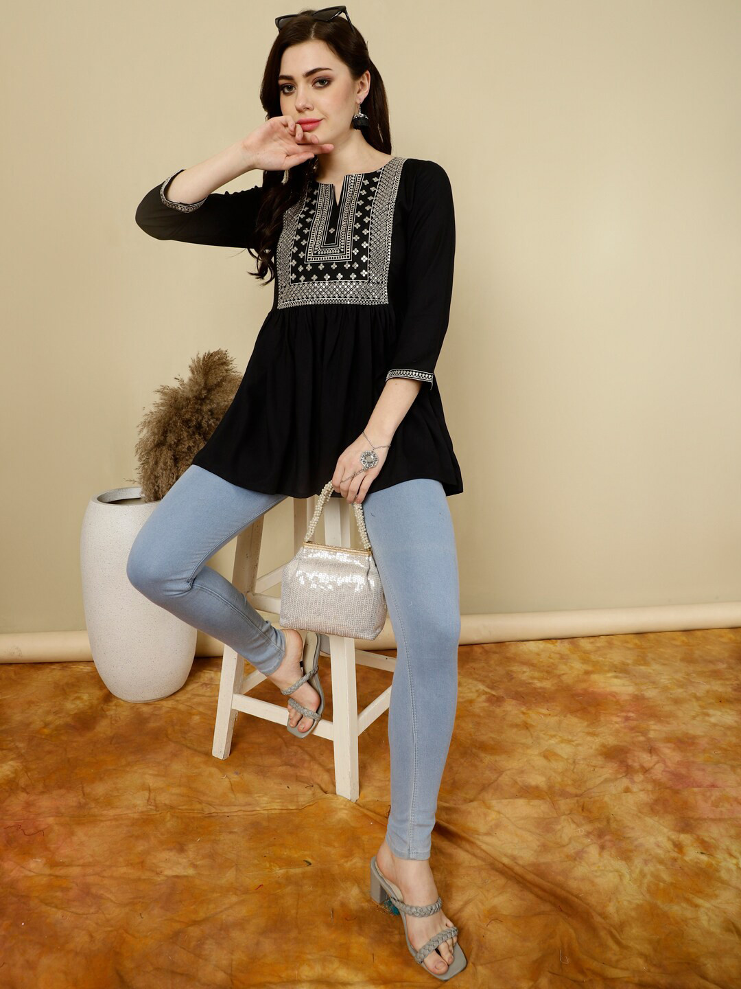 NISHABD Ethnic Motifs Print Sequined Regular Top, Black
NISHABD Ethnic Motifs Print Sequined Regular Top, Black